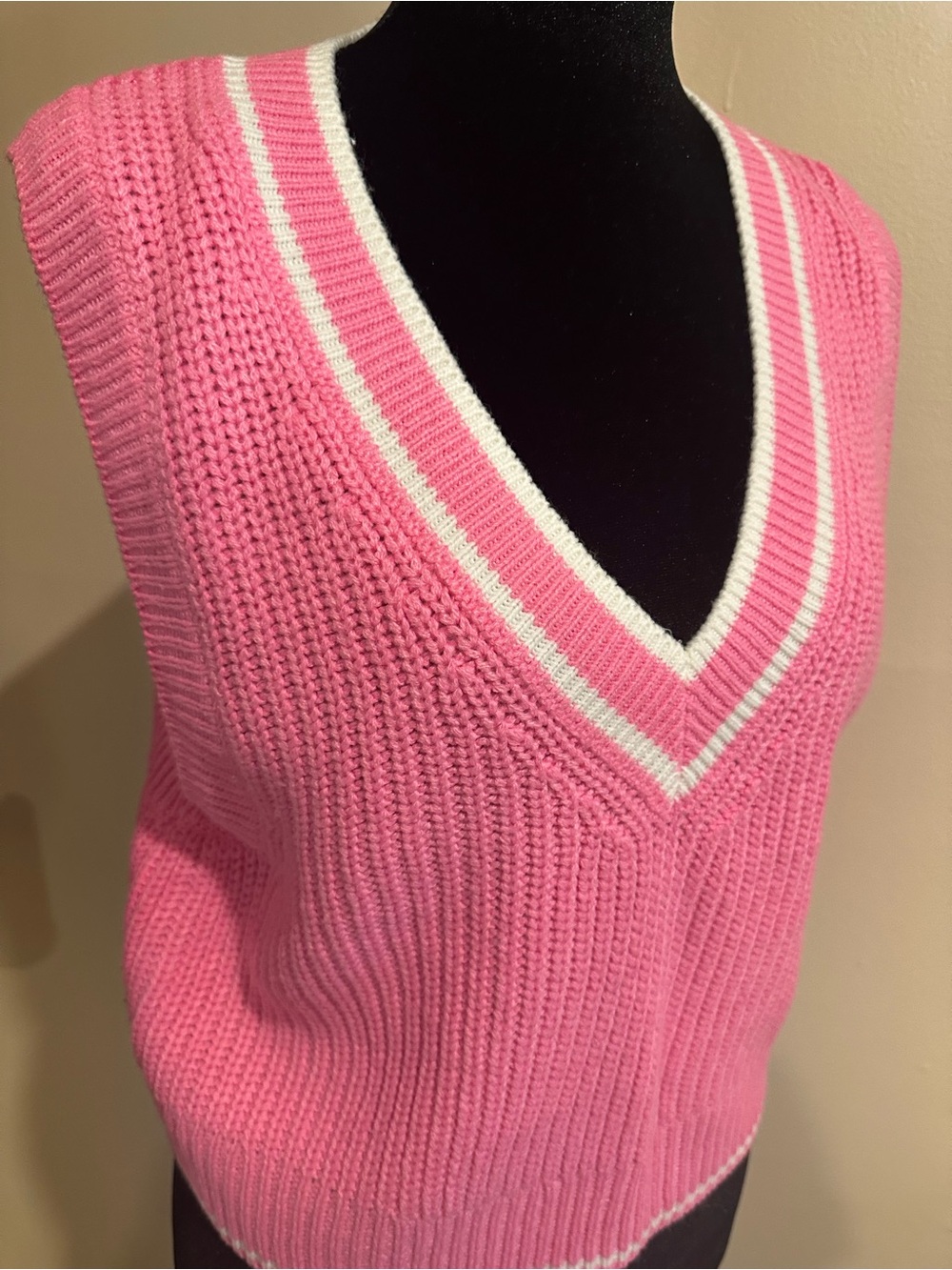 Divided Pink V-Neck Knit Sweater Vest with White Trim